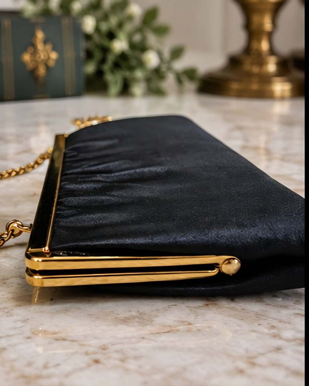 Ande' Vintage Black Satin Clutch Purse Evening Handbag